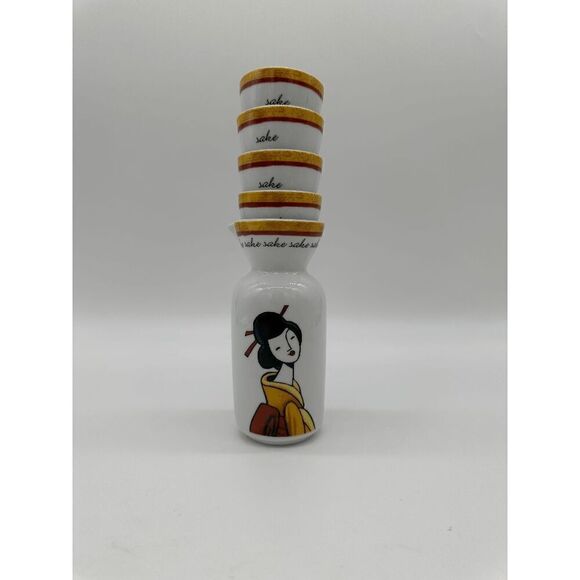 Porcelain Sake Set with Geisha Decanter and Four Sake Cups - Picture 4 of 8